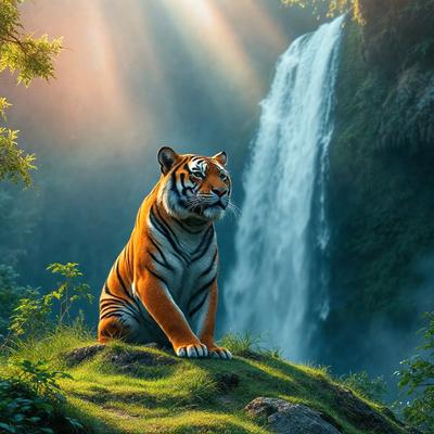 Primary subject: A tiger sitting on a grassy hillside.

Setting/background: The tiger is sitting on a grassy hillside with a waterfall in the background.

Visual style: The image is a digital art illustration.

Colors and mood: The image has a vibrant and lively atmosphere, with the tiger's orange and black fur contrasting against the green grass and the blue waterfall.